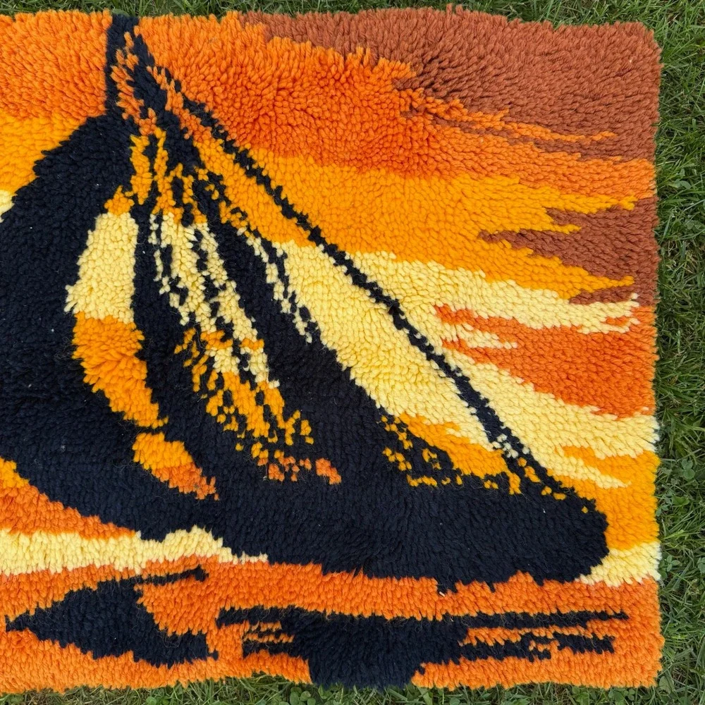 Vintage Latch Hook Rug 35x24 Orange Sailboat Sunset Retro 70s Wall Hanging